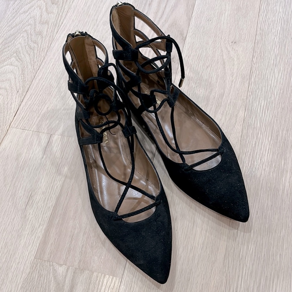 Aquazzura “christy” black suede flats sz 36